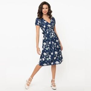 1950s Navy & White Floral Print Nikita Swing Dress